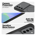 Black Phone case for Samsung A56 5G highlighting raised camera protection, anti-slip texture, and responsive side buttons