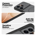 Black phone case for Oppo Reno 15 Pro 5G showing camera safety edges, anti slip side grip and easy press button covers.