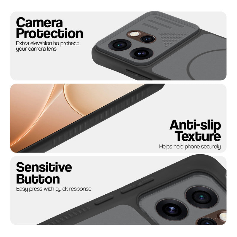Black phone case for Oppo Reno 15 Pro 5G showing camera safety edges, anti slip side grip and easy press button covers.