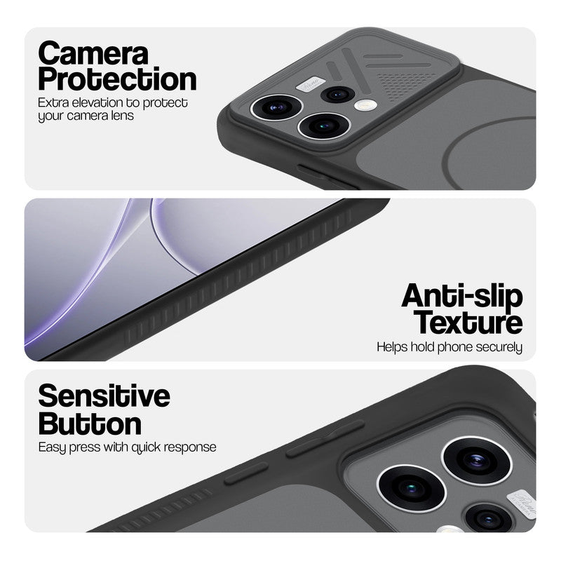 Black phone case for Oppo Reno 15 5G showing camera safety edges, anti slip side grip and easy press button covers.