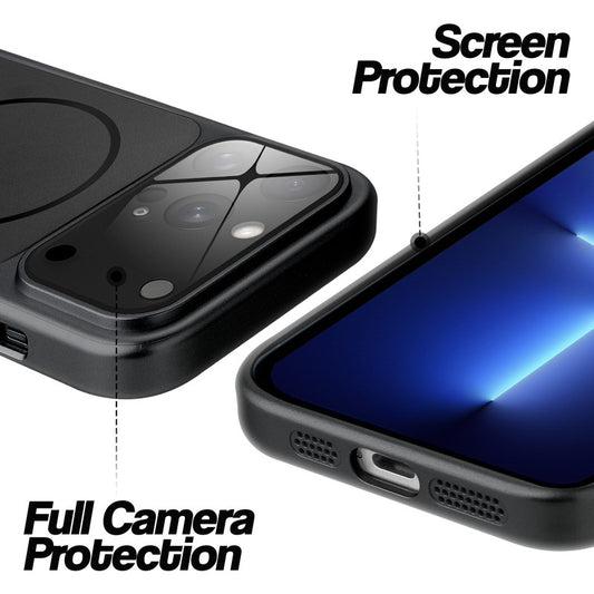Black MagSafe back cover for iPhone 13 Pro showing raised edges for full camera protection and screen protection.