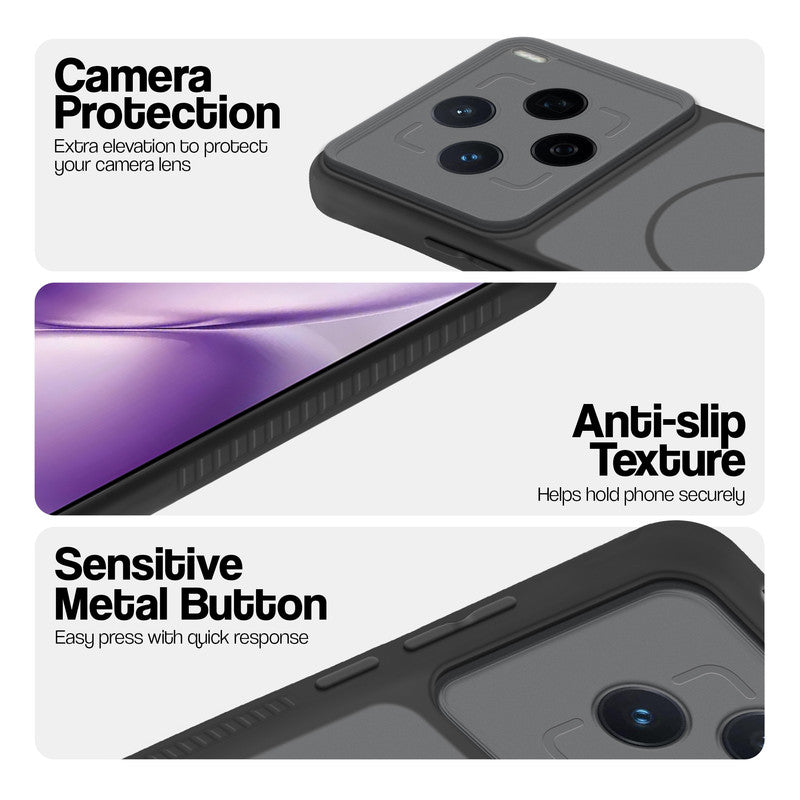 Black phone case for Vivo X200T 5G showing camera safety edges, anti slip side grip and easy press button covers.