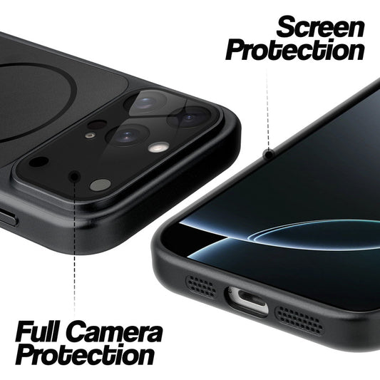 Black MagSafe back cover for iPhone 16 Pro Max showing raised edges for full camera protection and screen protection.