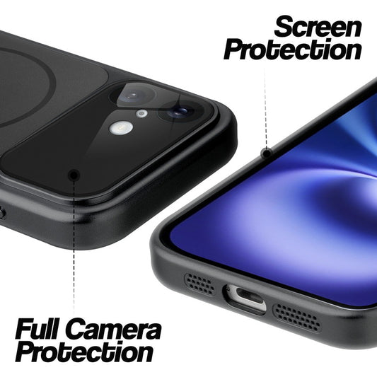 Black MagSafe back cover for iPhone 16 showing raised edges for full camera protection and screen protection.