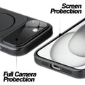 Black MagSafe back cover for iPhone 15 showing raised edges for full camera protection and screen protection.