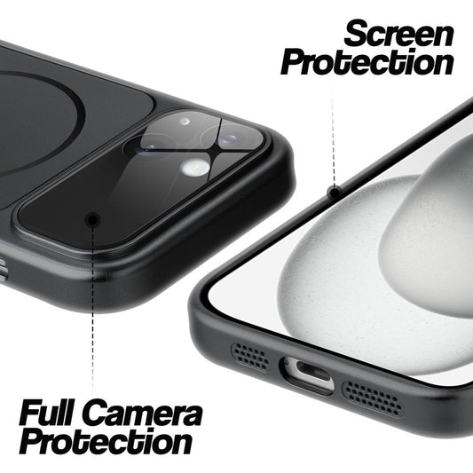 Black MagSafe back cover for iPhone 15 showing raised edges for full camera protection and screen protection.