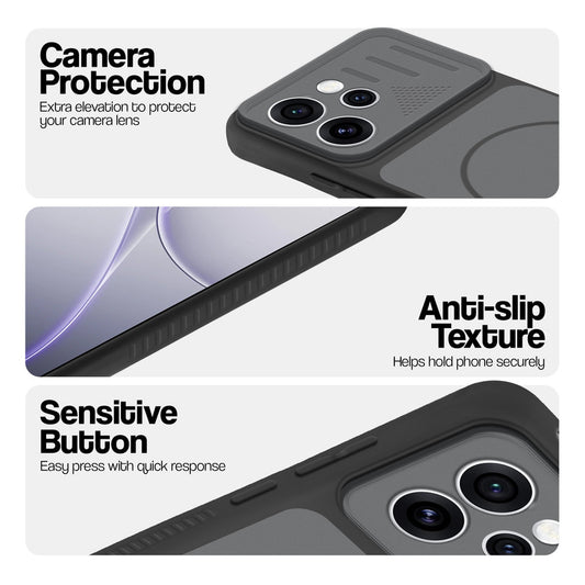 Black phone case for Oppo Reno 15 Pro Mini 5G showing camera safety edges, anti slip side grip and easy press button covers.