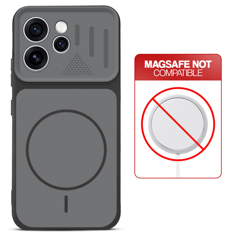 Black back cover for Oppo Reno 15 Pro Mini 5G with printed ring pattern and message showing not compatible with MagSafe charging.