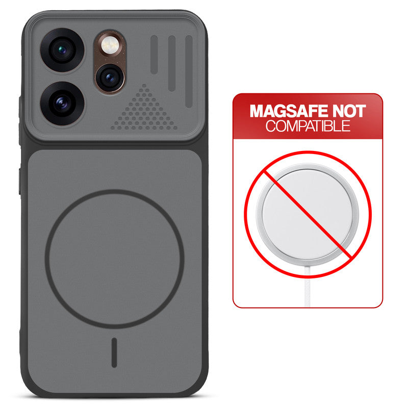 Black back cover for Oppo Reno 15 Pro 5G with printed ring pattern and message showing not compatible with MagSafe charging.