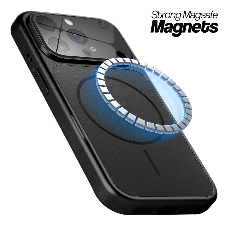 Black MagSafe compatible back cover for iPhone 13 Pro Max showing strong magnetic ring for secure MagSafe attachment.