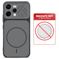 Black back cover for Oppo Reno 15 5G with printed ring pattern and message showing not compatible with MagSafe charging.