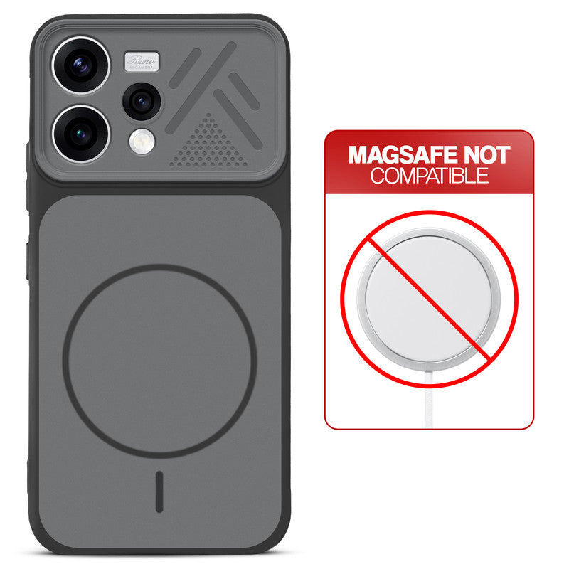 Black back cover for Oppo Reno 15 5G with printed ring pattern and message showing not compatible with MagSafe charging.