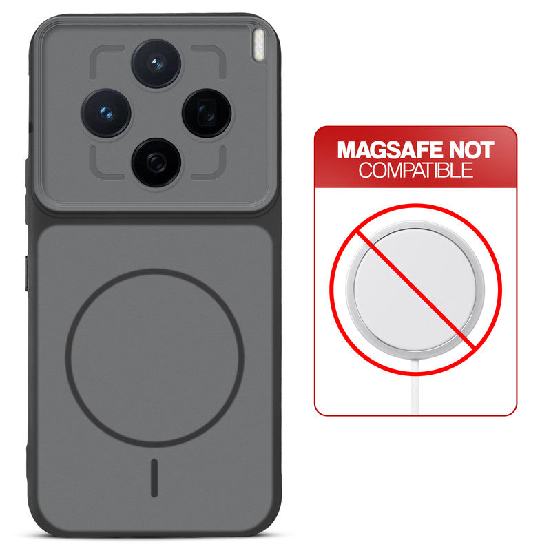 Black back cover for Vivo X200T 5G with printed ring pattern and message showing not compatible with MagSafe charging.