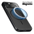 Black MagSafe compatible back cover for iPhone 15 showing strong magnetic ring for secure MagSafe attachment.