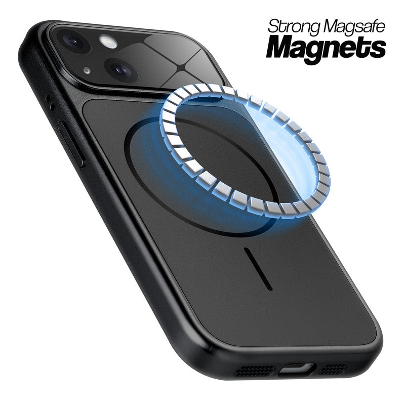 Black MagSafe compatible back cover for iPhone 15 showing strong magnetic ring for secure MagSafe attachment.