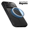 Black MagSafe compatible back cover for iPhone 16 Pro showing strong magnetic ring for secure MagSafe attachment.