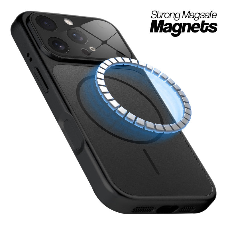 Black MagSafe compatible back cover for iPhone 16 Pro showing strong magnetic ring for secure MagSafe attachment.