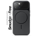 Anti-fingerprint smudge-free black MagSafe back cover for iPhone 15 with matte finish.