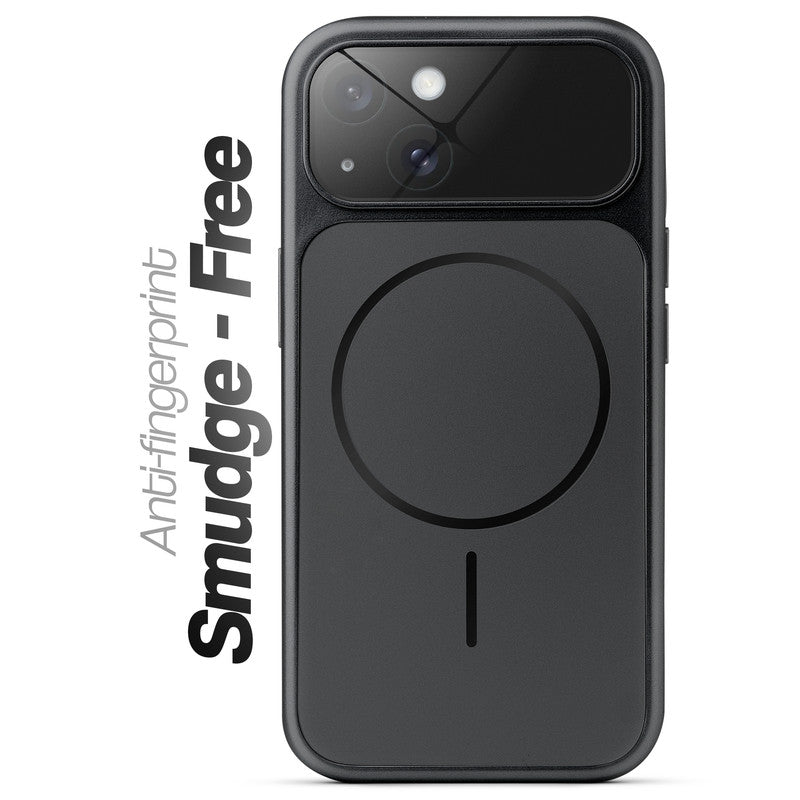 Anti-fingerprint smudge-free black MagSafe back cover for iPhone 15 with matte finish.