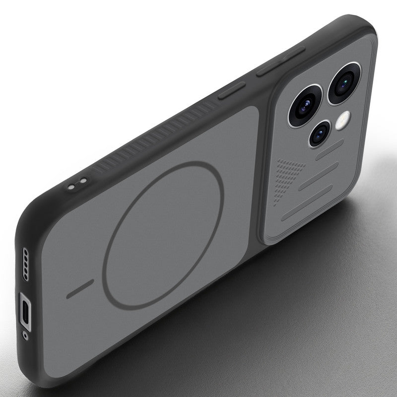 Angled view of Black mobile case for Oppo Reno 15 Pro Mini 5G with proper charging port cutout, speaker holes and strong corner protection.