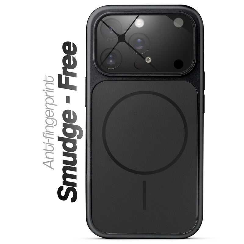 Anti-fingerprint smudge-free black MagSafe back cover for iPhone 13 Pro Max with matte finish.