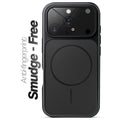 Anti-fingerprint smudge-free black MagSafe back cover for iPhone 16 Pro with matte finish.