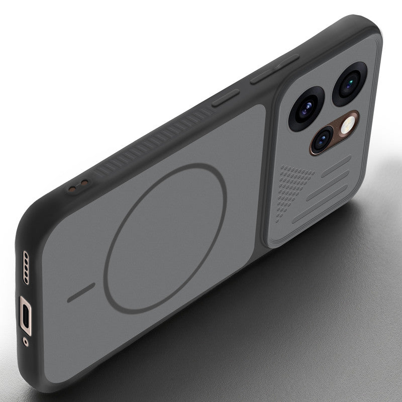 Angled view of Black mobile case for Oppo Reno 15 Pro 5G with proper charging port cutout, speaker holes and strong corner protection.