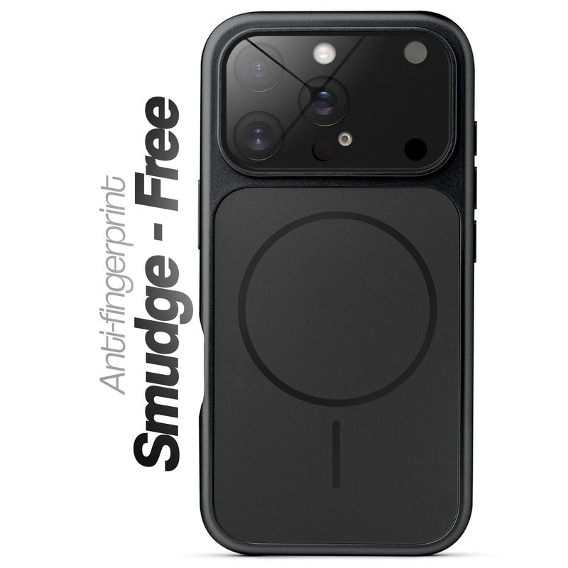 Anti-fingerprint smudge-free black MagSafe back cover for iPhone 16 Pro Max with matte finish.