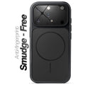 Anti-fingerprint smudge-free black MagSafe back cover for iPhone 15 Pro with matte finish.
