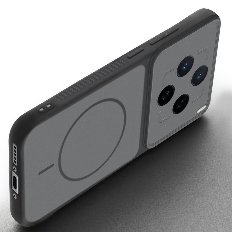 Angled view of Black mobile case for Vivo X200T 5G with proper charging port cutout, speaker holes and strong corner protection.