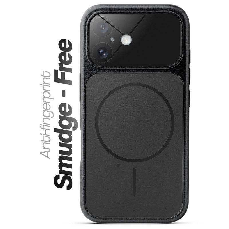 Anti-fingerprint smudge-free black MagSafe back cover for iPhone 16 with matte finish.
