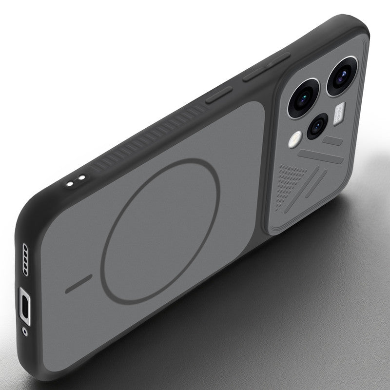 Angled view of Black mobile case for Oppo Reno 15 5G with proper charging port cutout, speaker holes and strong corner protection.