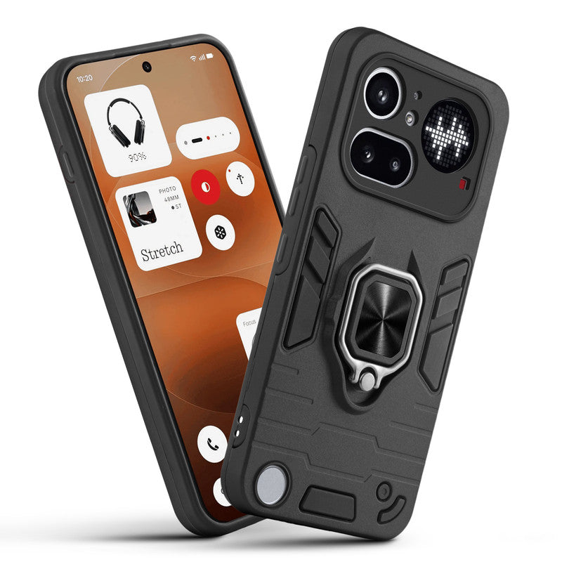 Front and back view of Nothing Phone 4A Pro 5G fitted with a protective case and ring grip