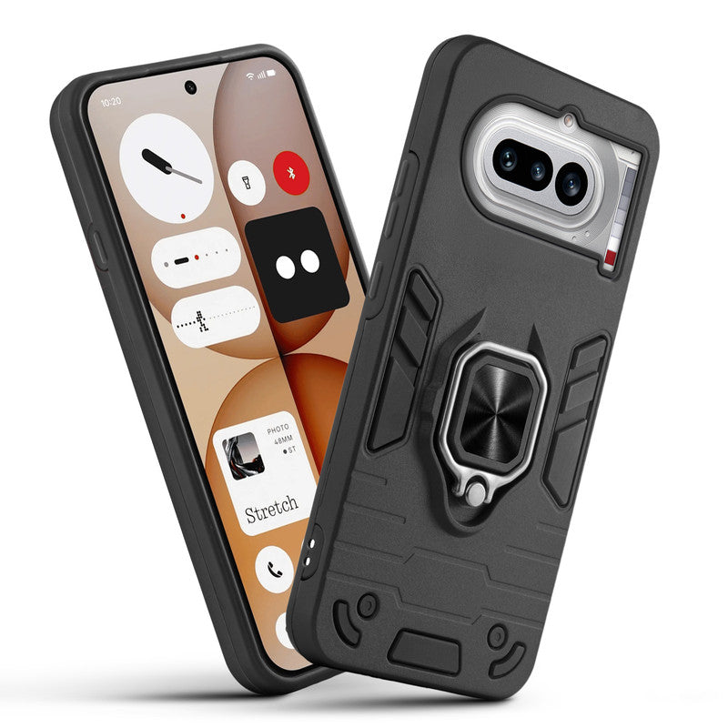 Front and back view of Nothing Phone 4A 5G fitted with a protective case and ring grip