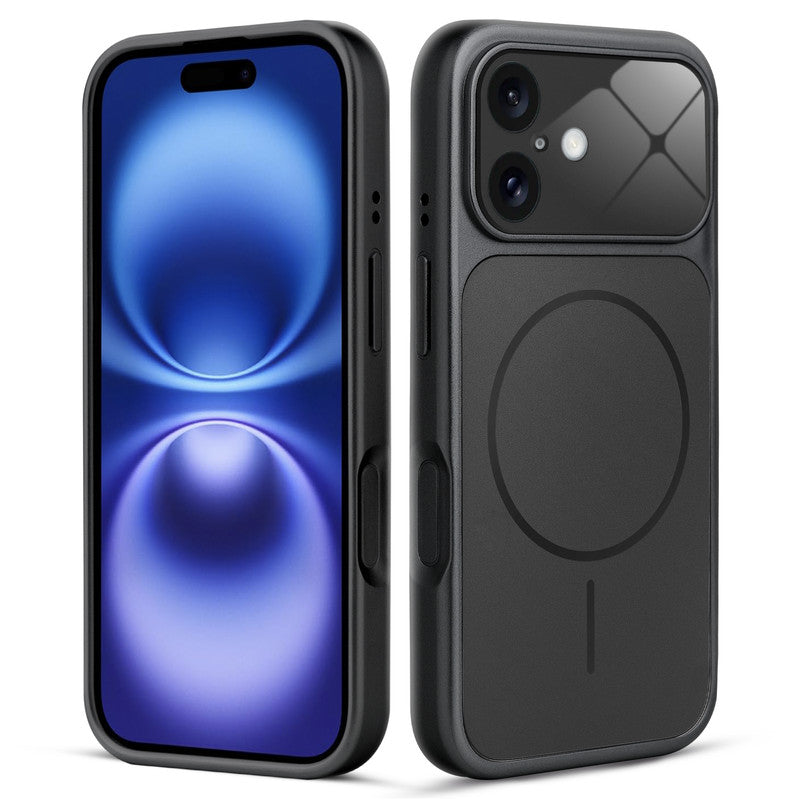 Front and back view of black MagSafe back cover fitted on iPhone 16 showing slim profile and precise cutouts.