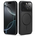 Front and back view of black MagSafe back cover fitted on iPhone 16 Pro Max showing slim profile and precise cutouts.