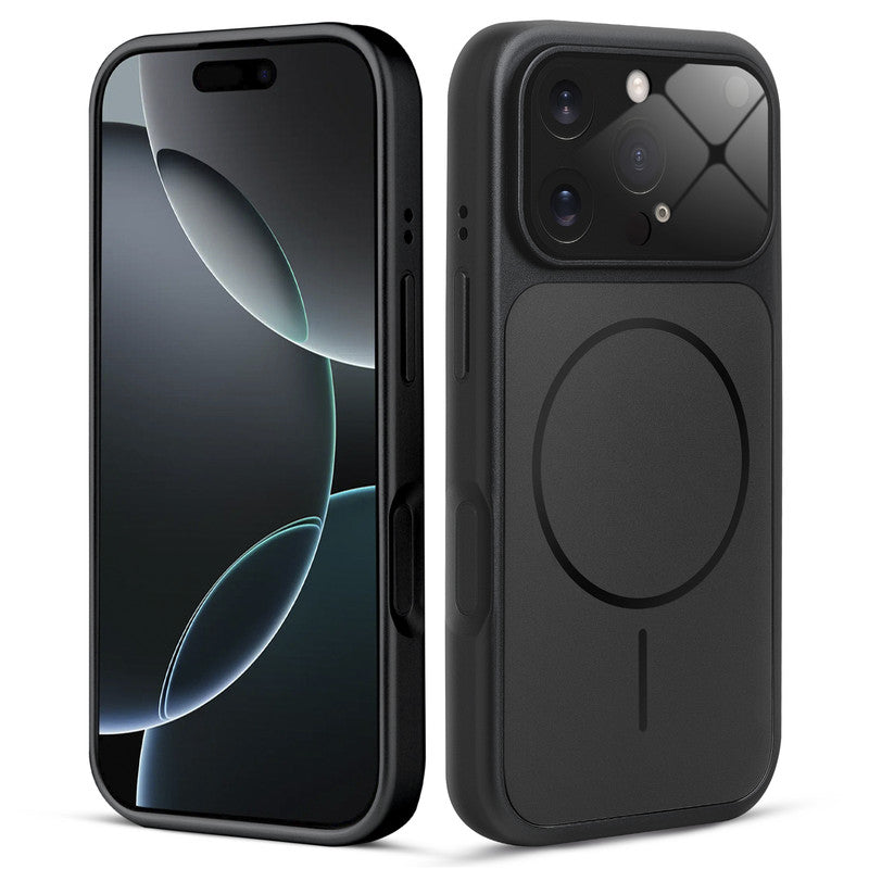 Front and back view of black MagSafe back cover fitted on iPhone 16 Pro Max showing slim profile and precise cutouts.