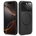 Front and back view of black MagSafe back cover fitted on iPhone 16 Pro showing slim profile and precise cutouts.