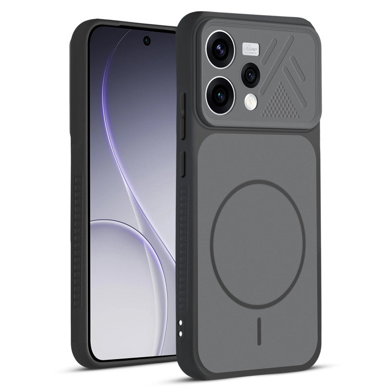 Front and back view of Black protective back cover for Oppo Reno 15 5G with textured sides, camera guard and slim fit design.