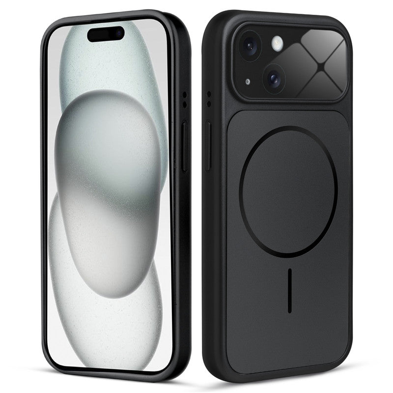 Front and back view of black MagSafe back cover fitted on iPhone 15 showing slim profile and precise cutouts.