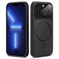 Front and back view of black MagSafe back cover fitted on iPhone 13 Pro showing slim profile and precise cutouts.