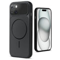 Back view of black MagSafe back cover for iPhone 15 highlighting magnetic ring design and camera protection.