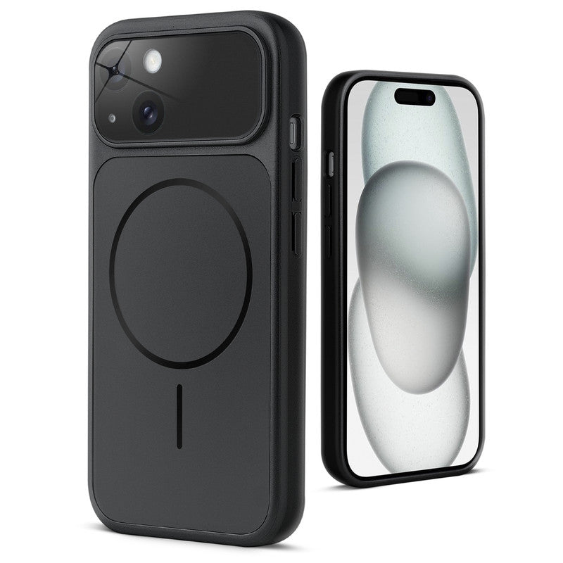 Back view of black MagSafe back cover for iPhone 15 highlighting magnetic ring design and camera protection.