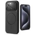 Back view of black MagSafe back cover for iPhone 15 Pro highlighting magnetic ring design and camera protection.