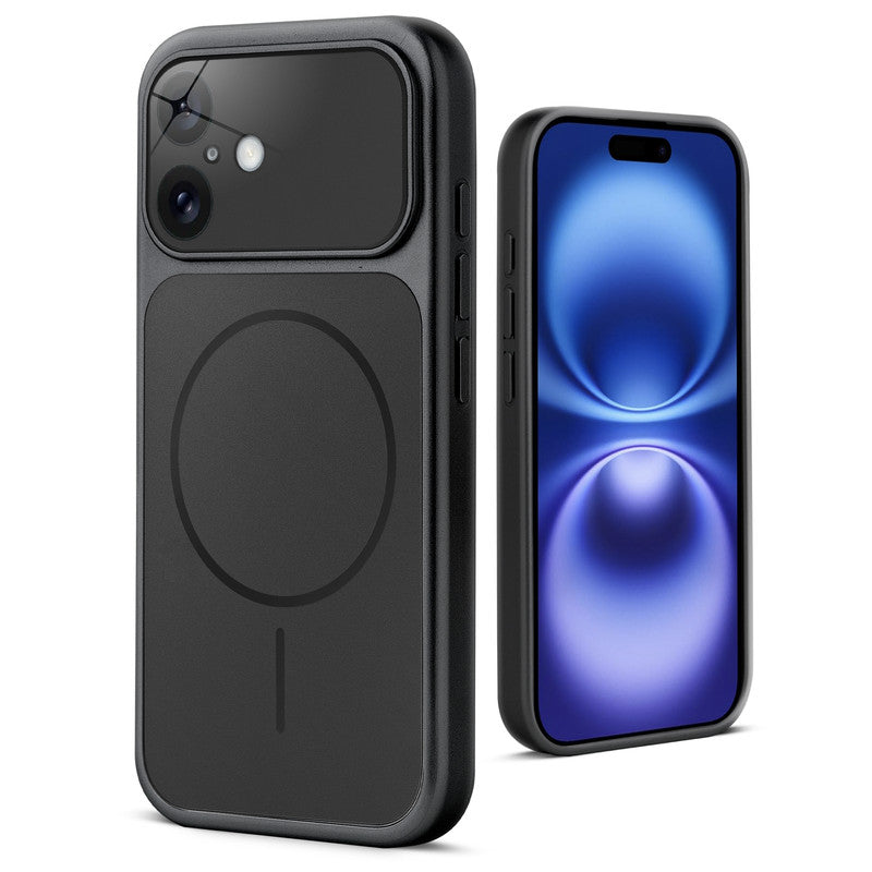 Back view of black MagSafe back cover for iPhone 16 highlighting magnetic ring design and camera protection.