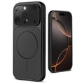 Back view of black MagSafe back cover for iPhone 16 Pro highlighting magnetic ring design and camera protection.