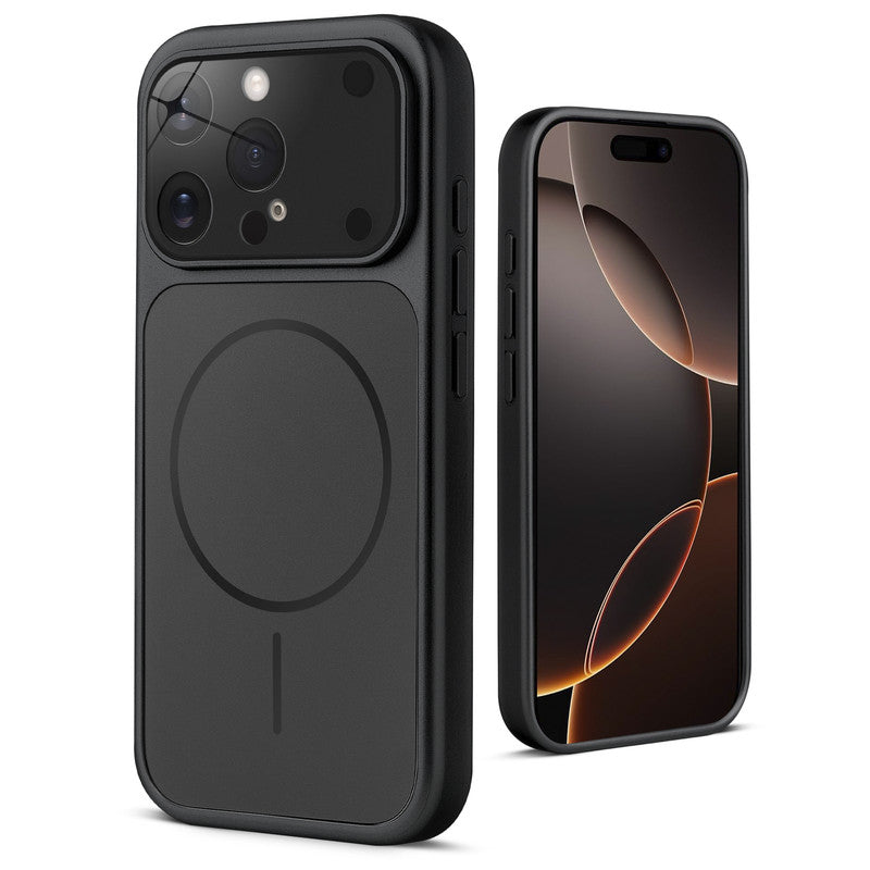 Back view of black MagSafe back cover for iPhone 16 Pro highlighting magnetic ring design and camera protection.