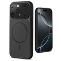 Back view of black MagSafe back cover for iPhone 16 Pro Max highlighting magnetic ring design and camera protection.
