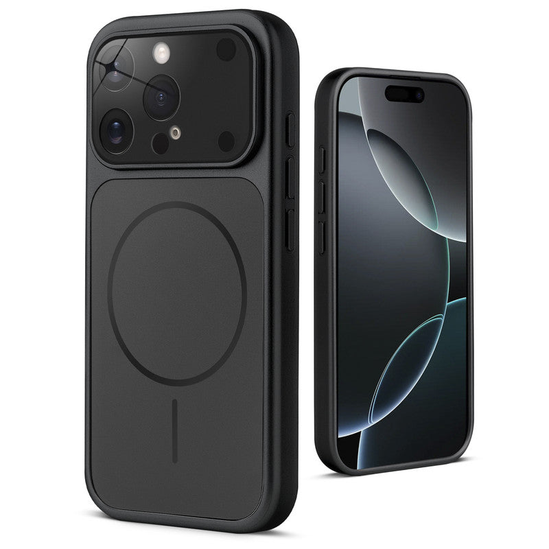 Back view of black MagSafe back cover for iPhone 16 Pro Max highlighting magnetic ring design and camera protection.
