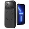 Back view of black MagSafe back cover for iPhone 13 Pro Max highlighting magnetic ring design and camera protection.